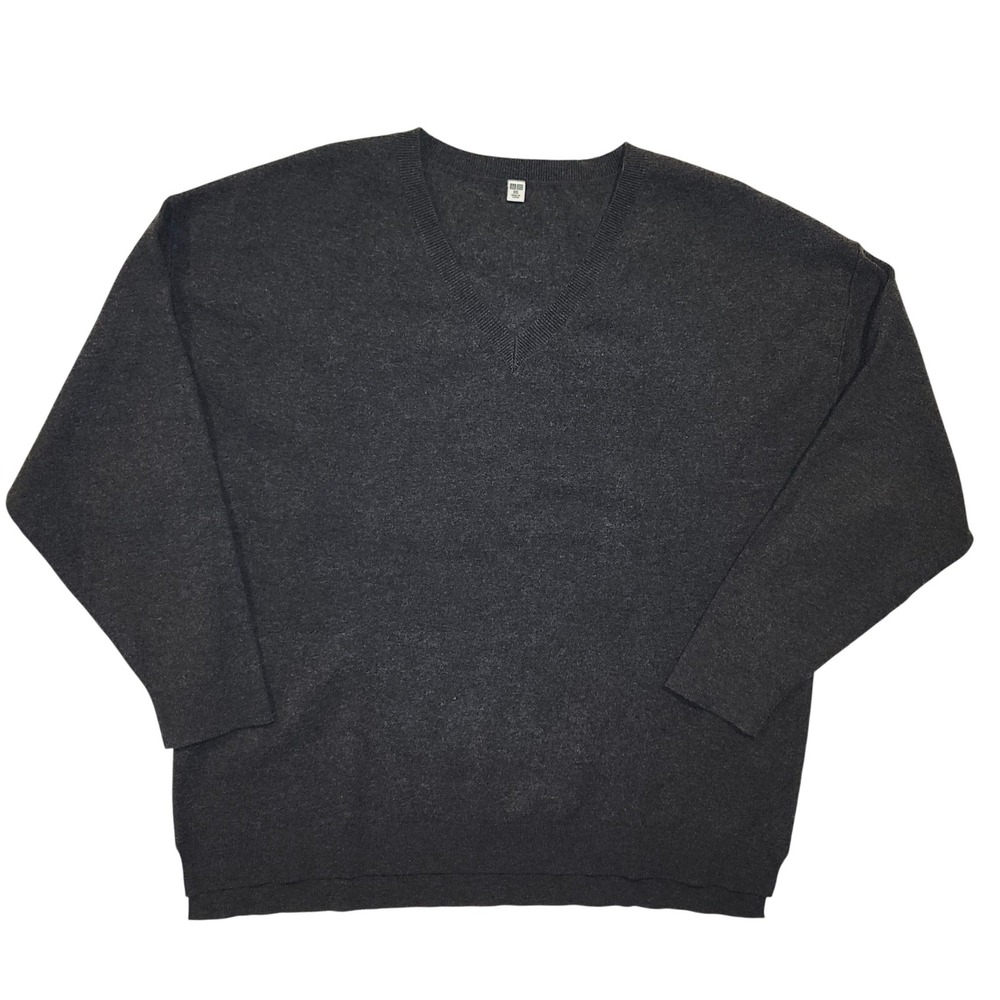 Uniqlo Mens V-Neck Sweater Charcoal Gray Knit Long‎ Sleeve Pullover XL